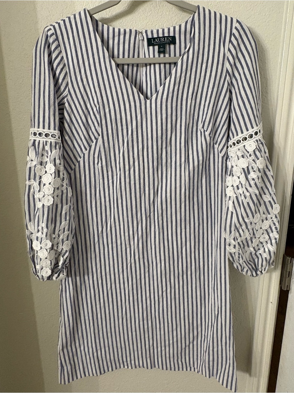 Lauren Ralph Lauren Striped Lace Balloon Sleeve Shift V-neck Dress 4